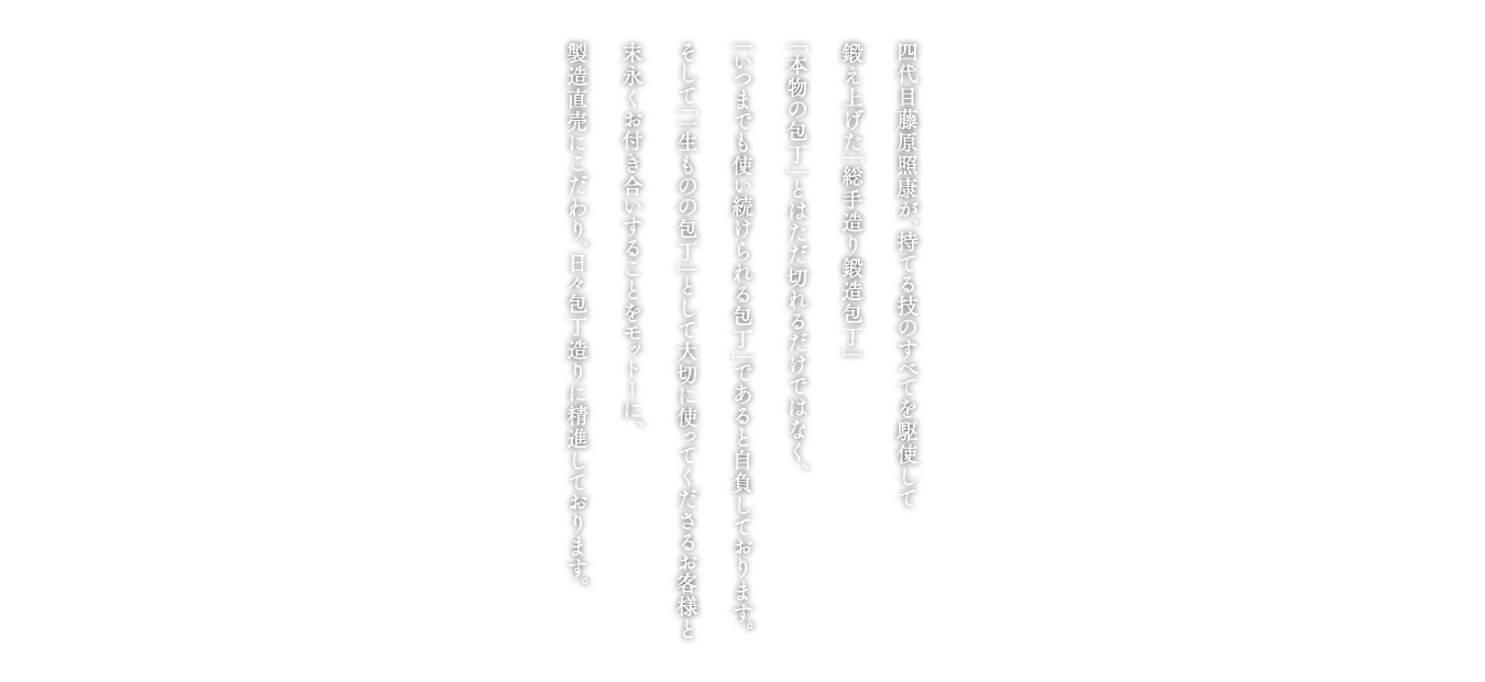 四代目藤原照康が、持てる技のすべてを駆使して鍛え上げた「総手造り鍛造包丁」。「本物の包丁」とはただ切れるだけではなく、「いつまでも使い続けられる包丁」であると自負しております。そして、「一生ものの包丁」として大切に使って下さるお客様と末永くお付き合いすることをモットーに製造直売にこだわり、日々包丁造りに精進しております。